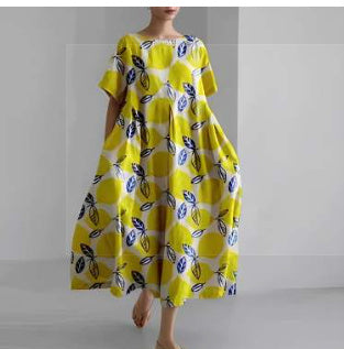 Damen Maxikleid Retro Kunststil mit Blumenmuster – Sommerkleid für Alltag & Urlaub, lockerer Schnitt