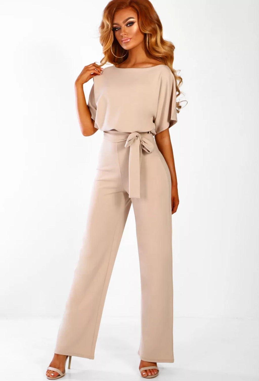 Damen Jumpsuit mit weitem Bein und Bindegürtel – Eleganter Einteiler für Büro, Alltag & Events