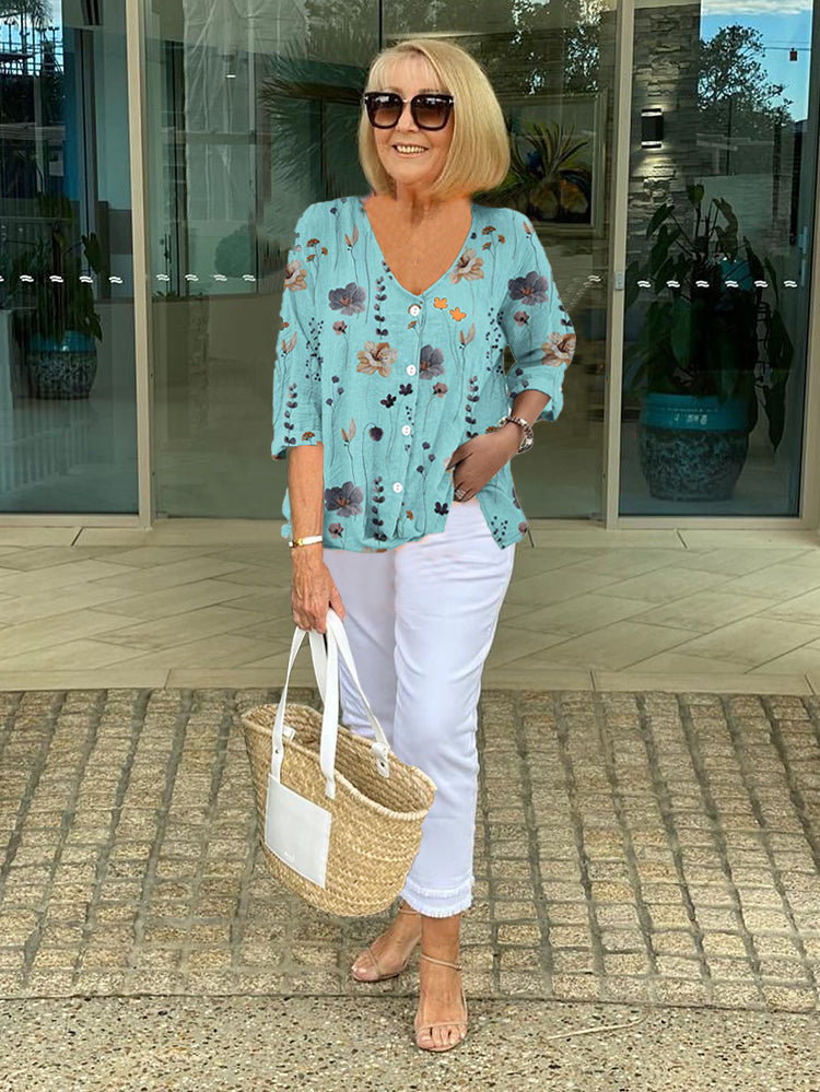 Barbara™ | Baumwolle und Leinen Blumenmuster Top