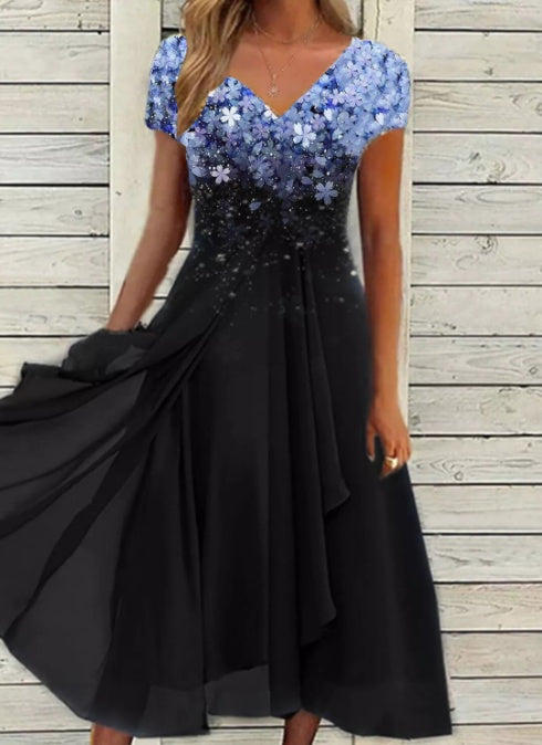 Damen Chiffon A-Linienkleid mit Blumenmuster und V-Ausschnitt – Elegantes Sommerkleid für besondere Anlässe