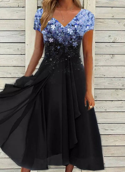 Damen Chiffon A-Linienkleid mit Blumenmuster und V-Ausschnitt – Elegantes Sommerkleid für besondere Anlässe