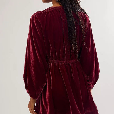 Nicole – Bequemes und lässiges Gold-Velours V-Ausschnitt Kleid