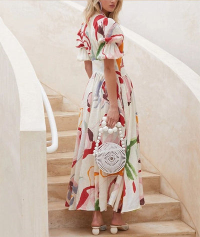 Phoebe – Druckkleid für Frauen mit V-Ausschnitt und kurzen Ärmeln