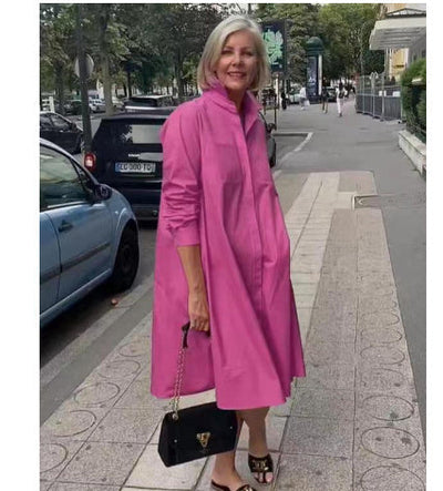 Damen Freizeit Hemdblusenkleid mit Polo-Kragen – Elegantes, lockeres Midikleid für Alltag und Büro