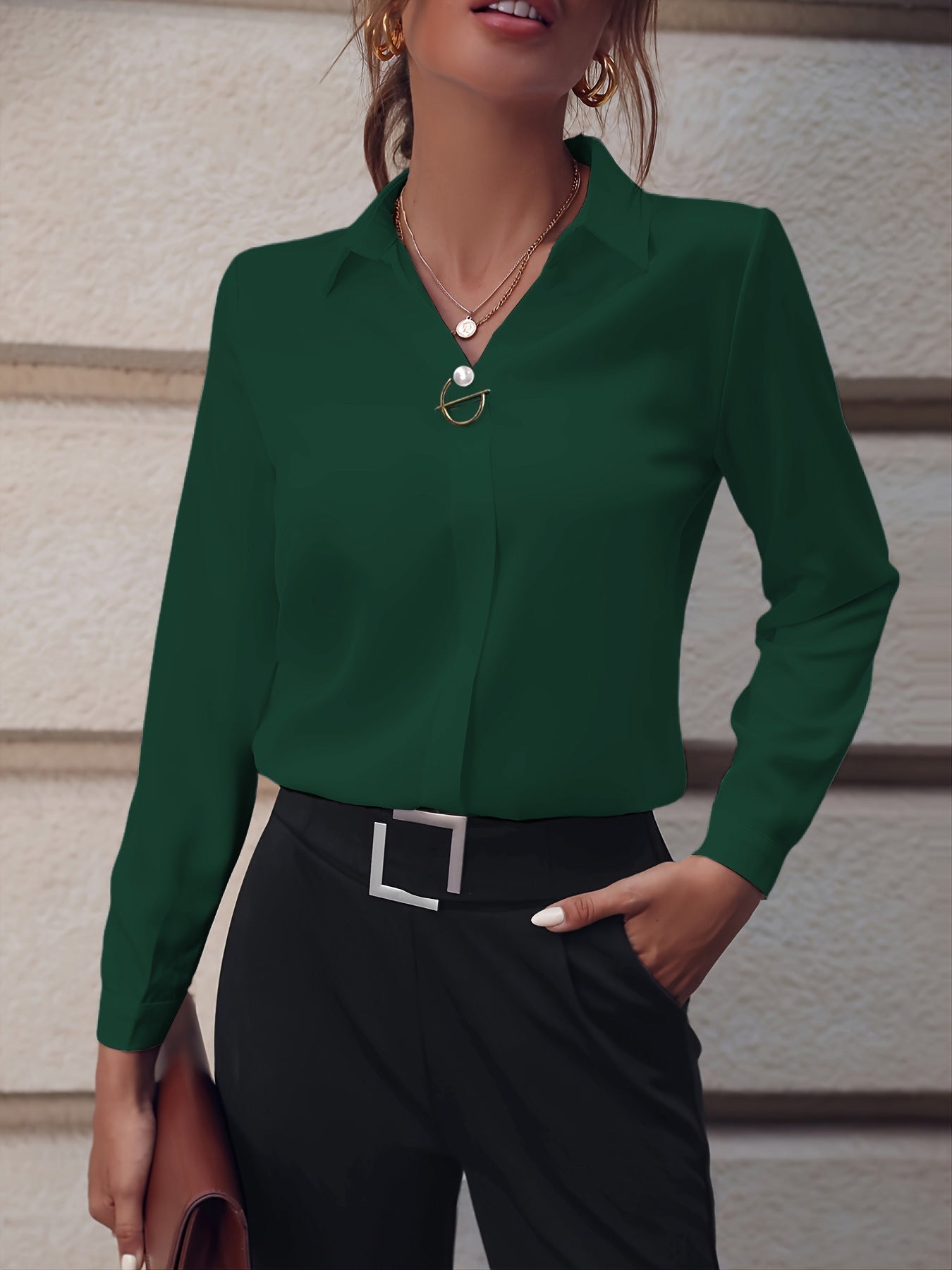 Damen Elegante Bluse mit Metall-Dekor – Business & Freizeit, Langarm, Slim Fit