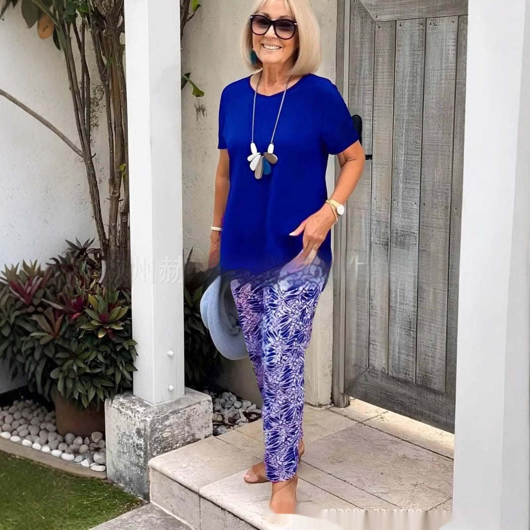 Judith – Kurzärmliges Bedrucktes Oberteil und Hose im Soliden Farbdesign