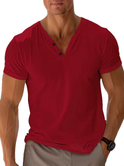 Herren Slim Fit V-Ausschnitt Shirt – Kurzarm T-Shirt mit Knöpfen, Sommerkomfort