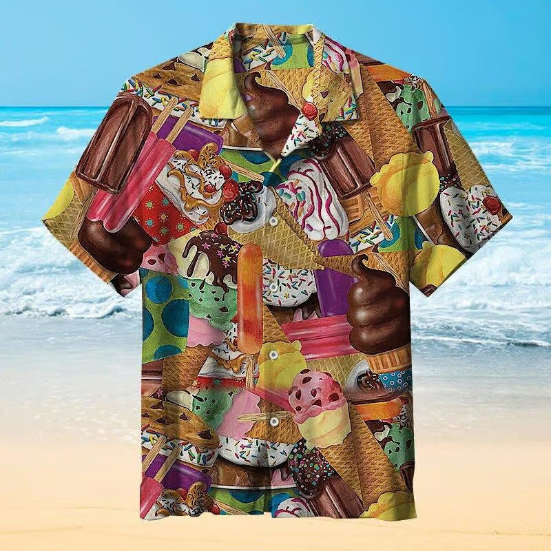 Herren Hawaiihemd mit Eiscreme-Motiv – Buntes Retro Sommer Freizeit Party Shirt
