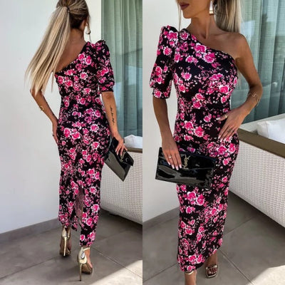 Fiona – Gedrucktes Etuikleid mit schrägem Schulterdesign