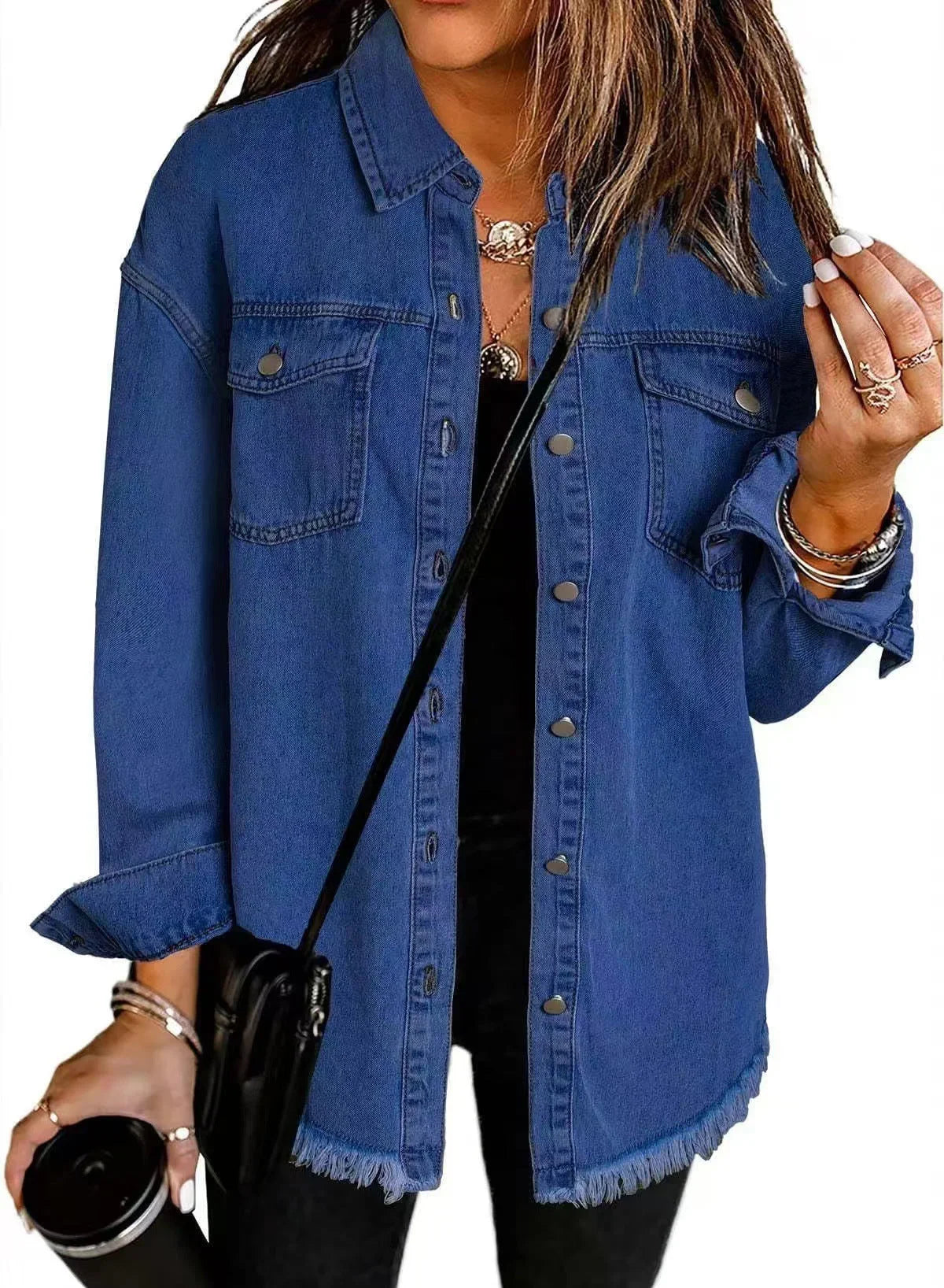 Damen Denimjacke mit Fransen und Knopfleiste