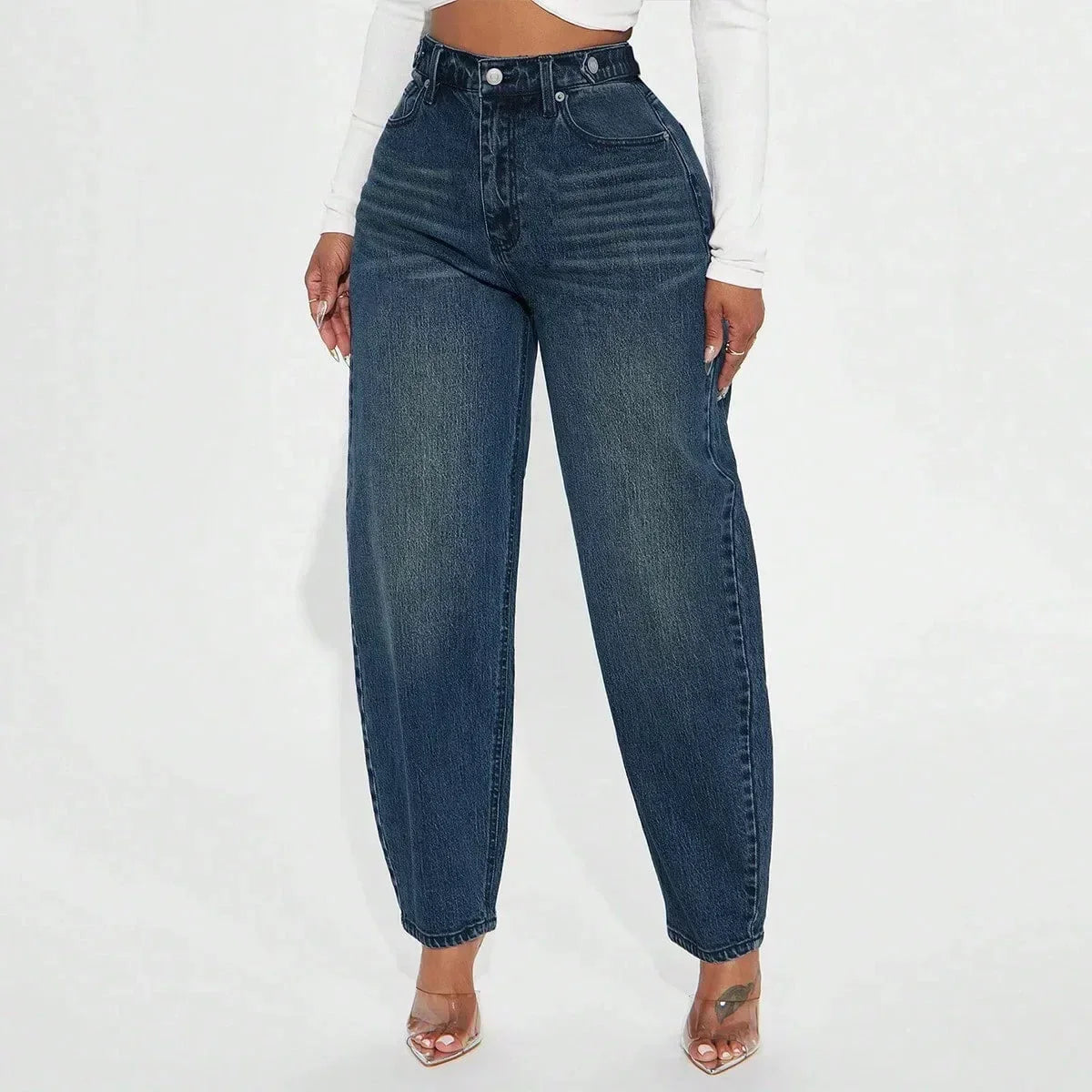 Damen Dunkelblaue Mom Jeans mit Hoher Taille