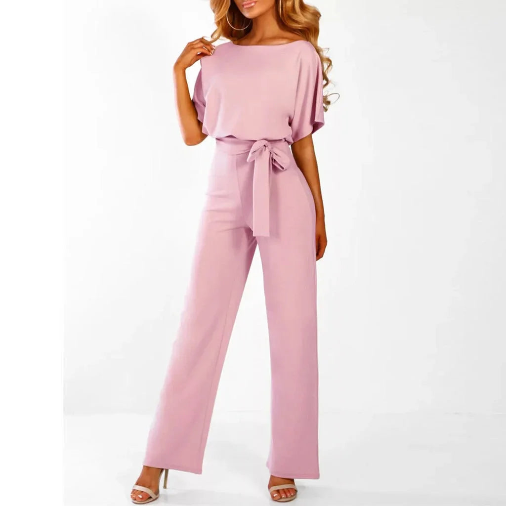 Damen Jumpsuit mit Gürtel und kurzen Ärmeln