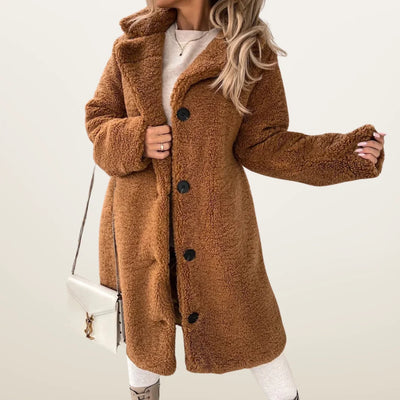 Damen Teddymantel lang mit Knöpfen