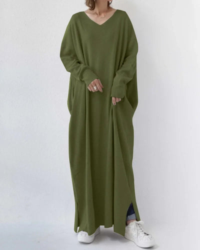 Damen Maxikleid mit V-Ausschnitt und langen Ärmeln