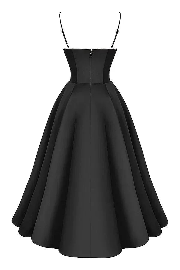 Damen Midi Satin Kleid in Schwarz mit Cremefarbenem Tüll