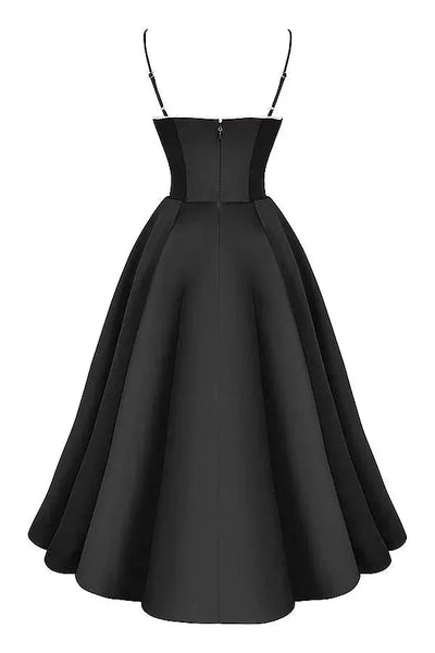 Damen Midi Satin Kleid in Schwarz mit Cremefarbenem Tüll