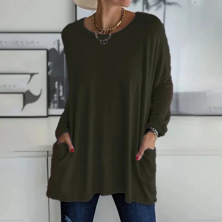 Damen Oversize Pullover mit Rundhalsausschnitt und Taschen