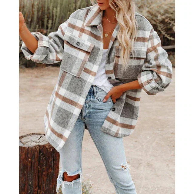 Damen Plaid Übergangsjacke in Übergröße mit Taschen