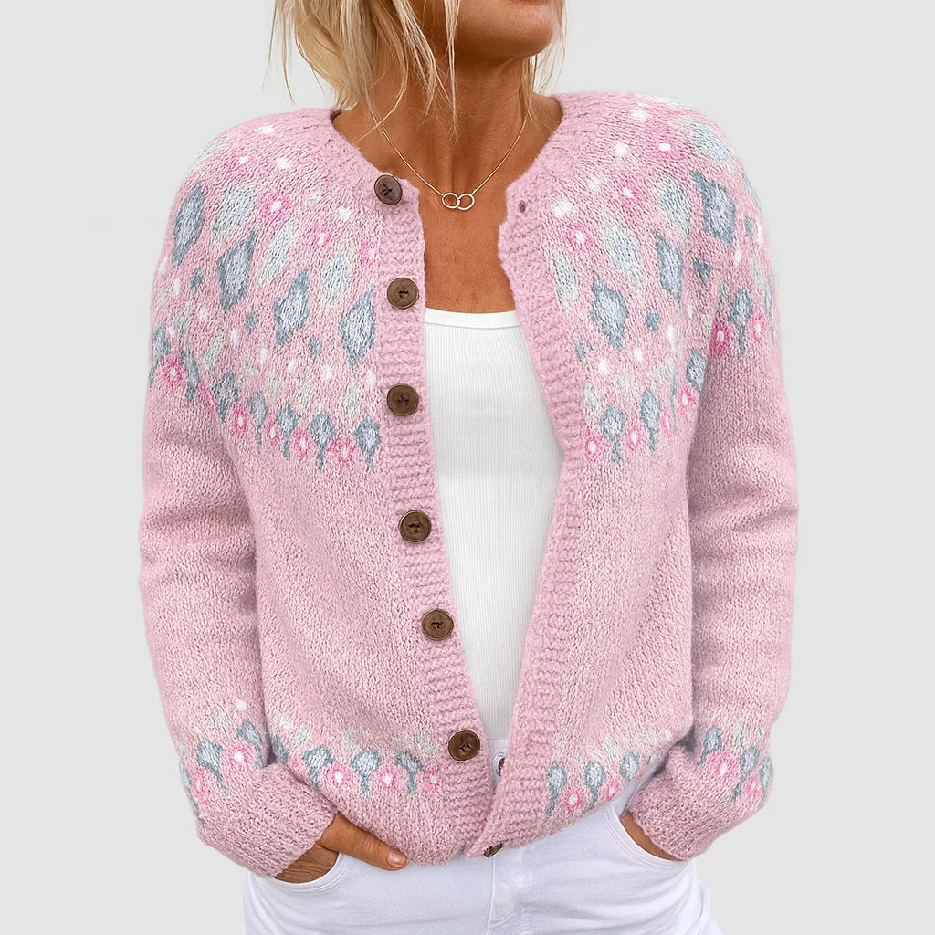 Damen Rosa Strickjacke mit Knopfleiste und Muster