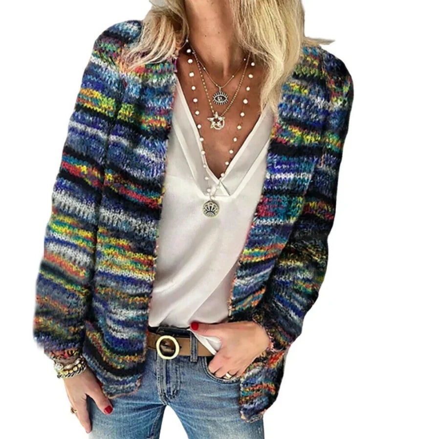 Damen Strickjacke Offene Front Mehrfarbiges Design