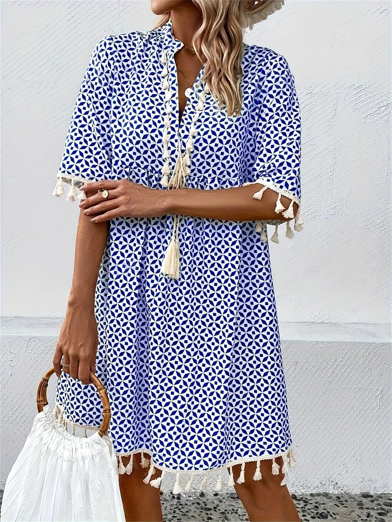 Damen Tunika Minikleid mit Quasten in weiß und blauem Muster