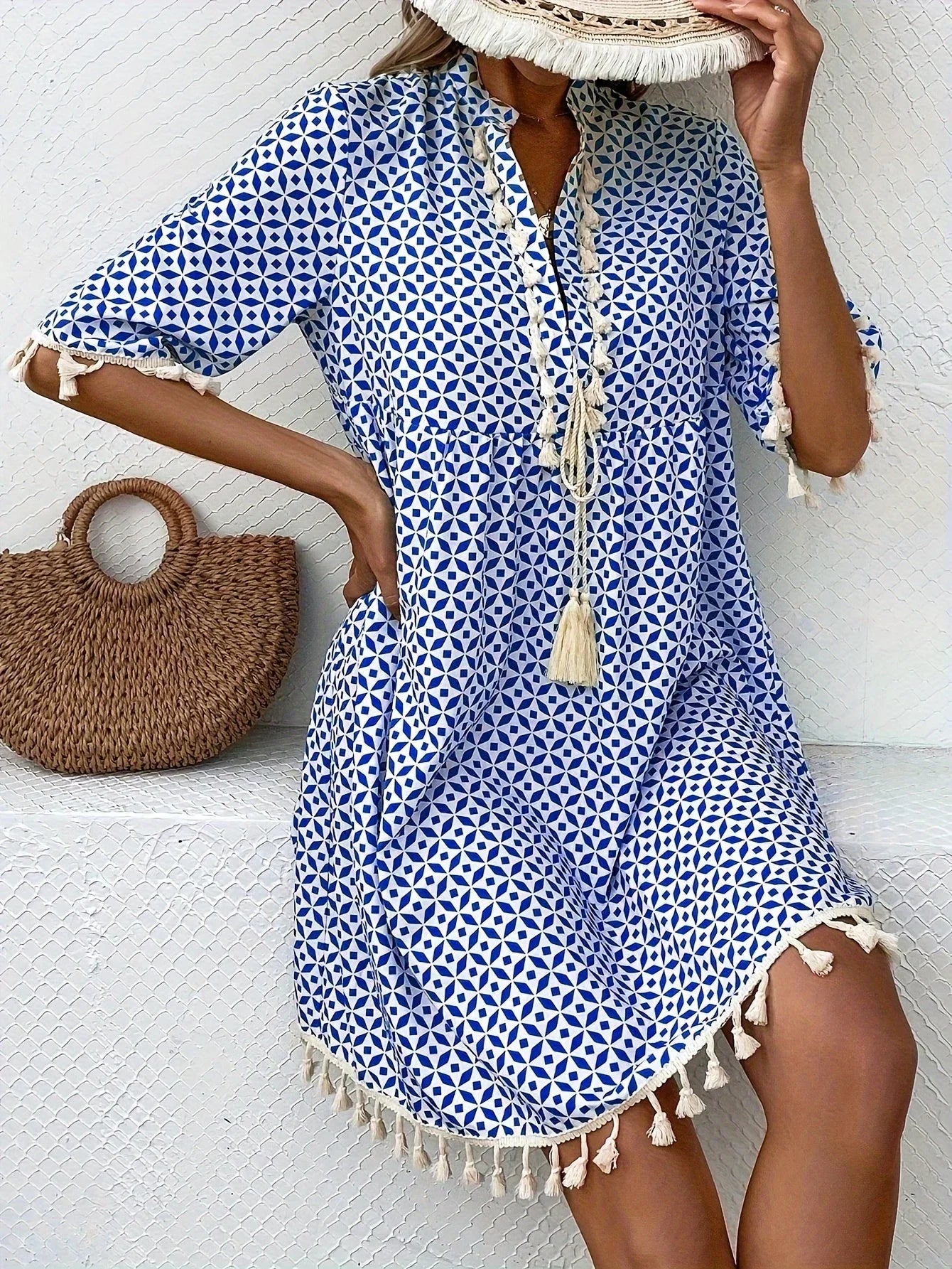 Damen Tunika Minikleid mit Quasten in weiß und blauem Muster