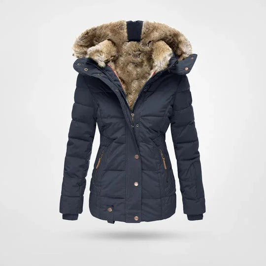 Damen Winterjacke mit Kunstpelz-Kapuze und Taillenzug