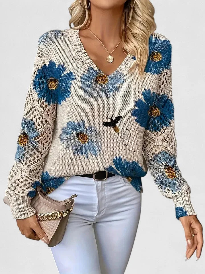 Damenpullover mit Floralmuster und V-Ausschnitt