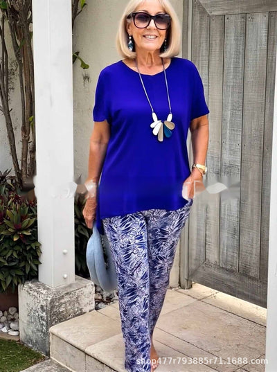 Judith – Kurzärmliges Bedrucktes Oberteil und Hose im Soliden Farbdesign