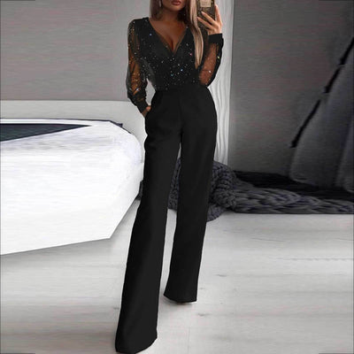 Leah – Modischer Mesh-Pulver-Patchwork-Jumpsuit