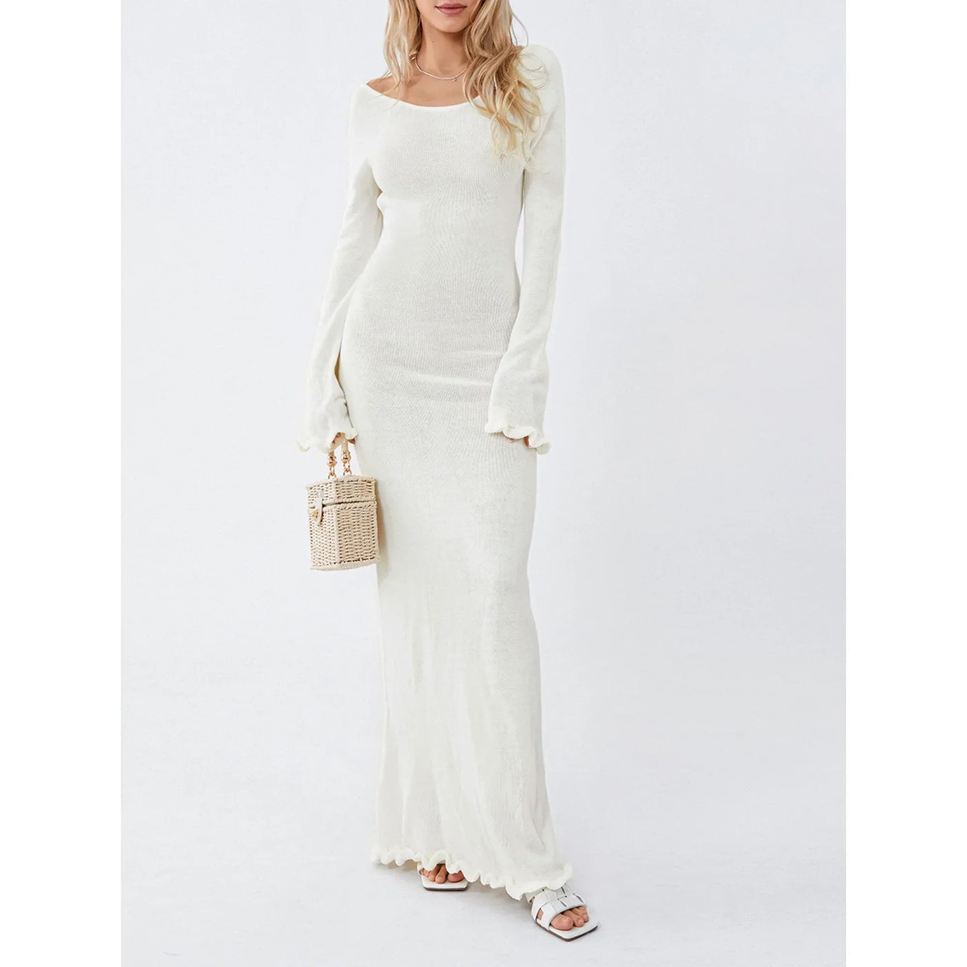 Heidi-Mode | Langärmliges Strickmaxikleid Weiß