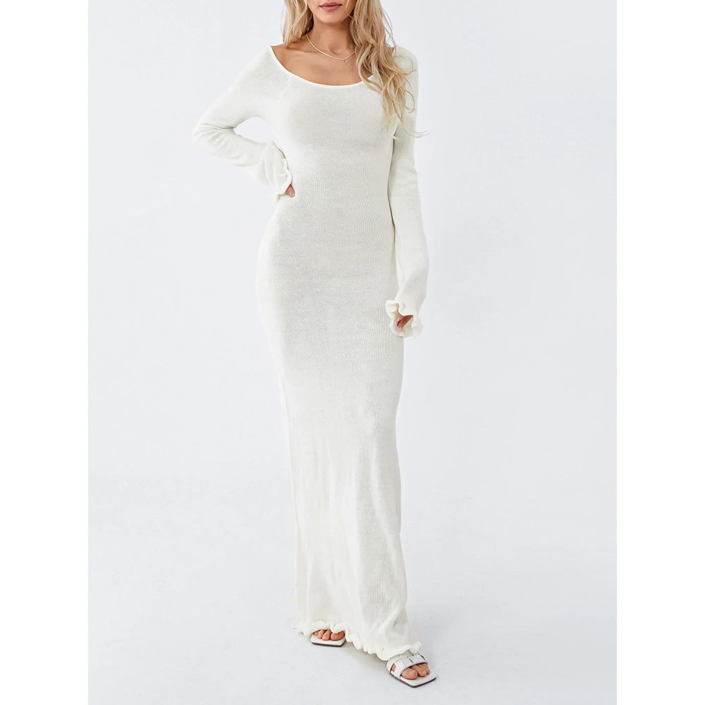 Heidi-Mode | Langärmliges Strickmaxikleid Weiß