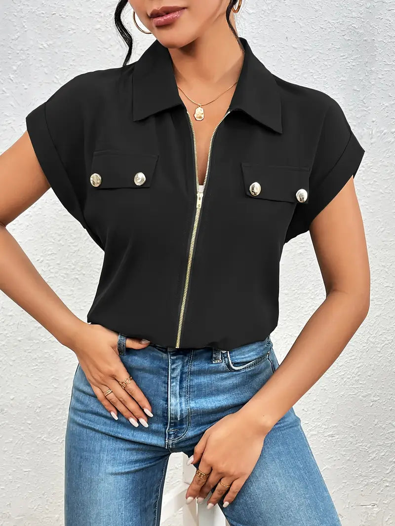 Alfano – Elegante Kurzarm Bluse Mit Reißverschluss