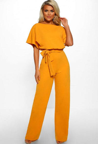 Damen Jumpsuit mit weitem Bein und Bindegürtel – Eleganter Einteiler für Büro, Alltag & Events