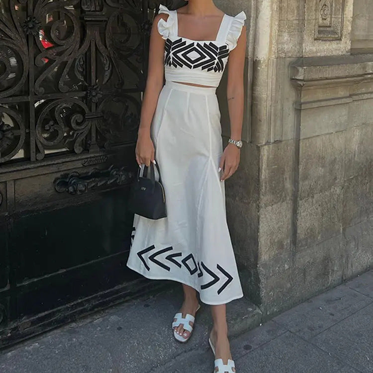 Joan – Geometrisch bedrucktes hoch tailliertes Trägerkleid mit fliegenden Ärmeln im Zweiteiler-Set