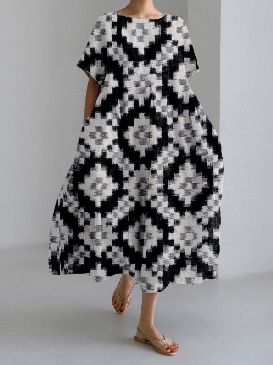 Damen Maxikleid Retro Kunststil mit Blumenmuster – Sommerkleid für Alltag & Urlaub, lockerer Schnitt