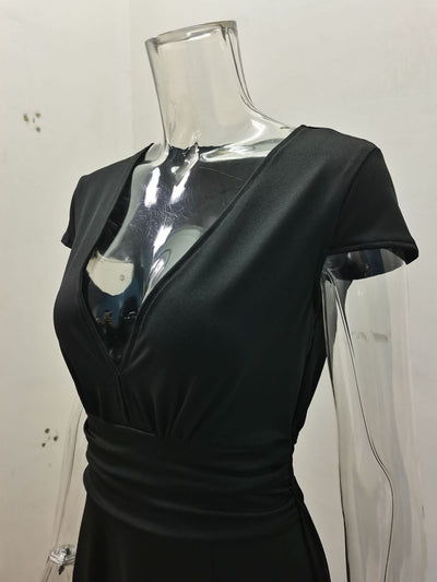 Sharon – Langer Rock mit tiefem V-Ausschnitt und kurzen Ärmeln