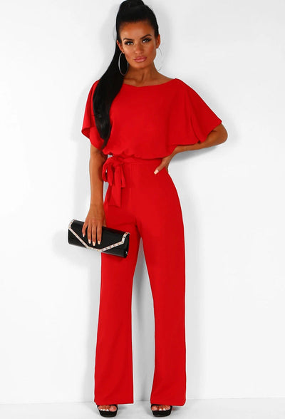 Damen Jumpsuit mit weitem Bein und Bindegürtel – Eleganter Einteiler für Büro, Alltag & Events