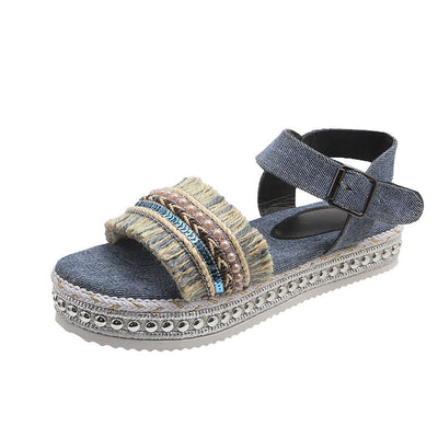 Robyn – Modische Fransen-Denim-Sandalen mit dicker Sohle und flachem Absatz im ethnischen Stil für Damen