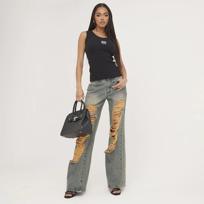 Lina | Geripptes Tanktop mit Stickerei