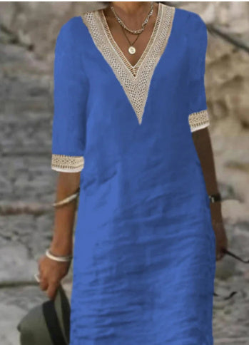 Rose – Schlichtes V-Ausschnitt Kleid mit mittellangen Ärmeln aus Baumwolle-Leinen