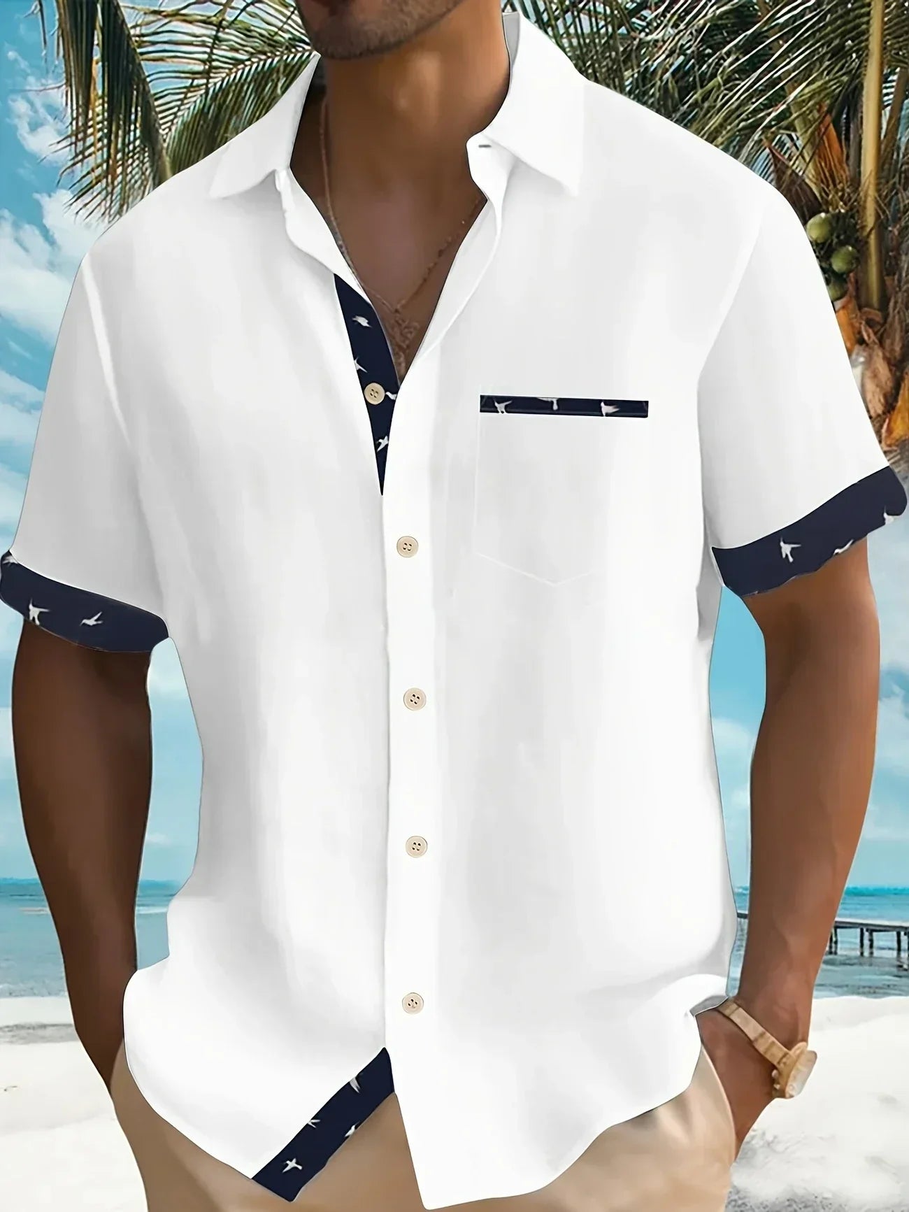 Trofim – Elegantes Niedliches Hemd Mit Vogel Drucken