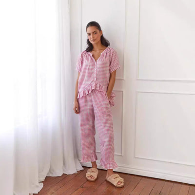 Jean – Bequemer und lässiger rüschierter Button-Top-Hosenanzug