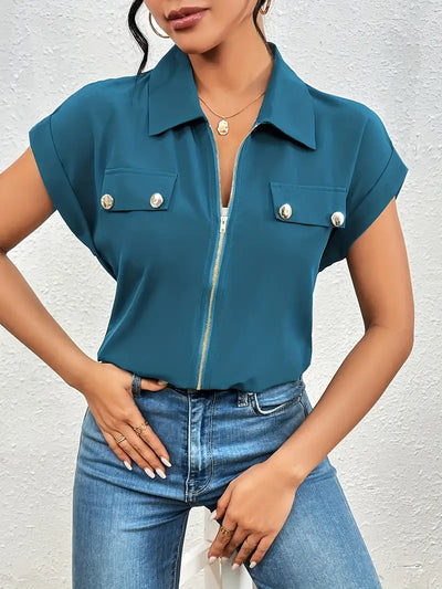 Alfano – Elegante Kurzarm Bluse Mit Reißverschluss