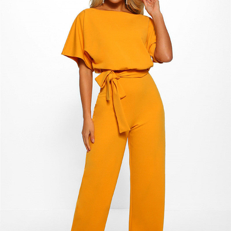 Damen Jumpsuit mit weitem Bein und Bindegürtel – Eleganter Einteiler für Büro, Alltag & Events