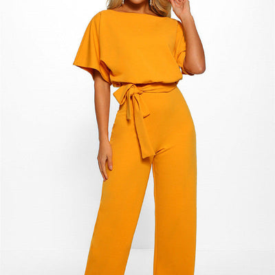 Damen Jumpsuit mit weitem Bein und Bindegürtel – Eleganter Einteiler für Büro, Alltag & Events