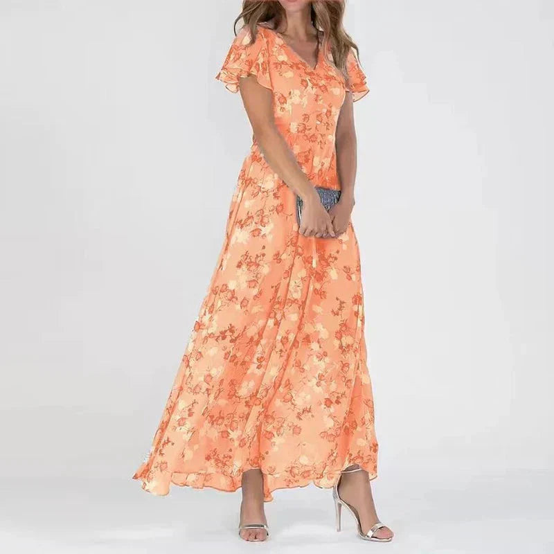 Romantisches Maxikleid mit Blumenprint – Rosa Chiffon, V-Ausschnitt & Schmetterlingsärmel