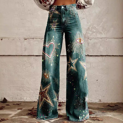 Damen Weite Jeans mit Boho-Print und künstlerischem Muster – Streetstyle & Festival Mode