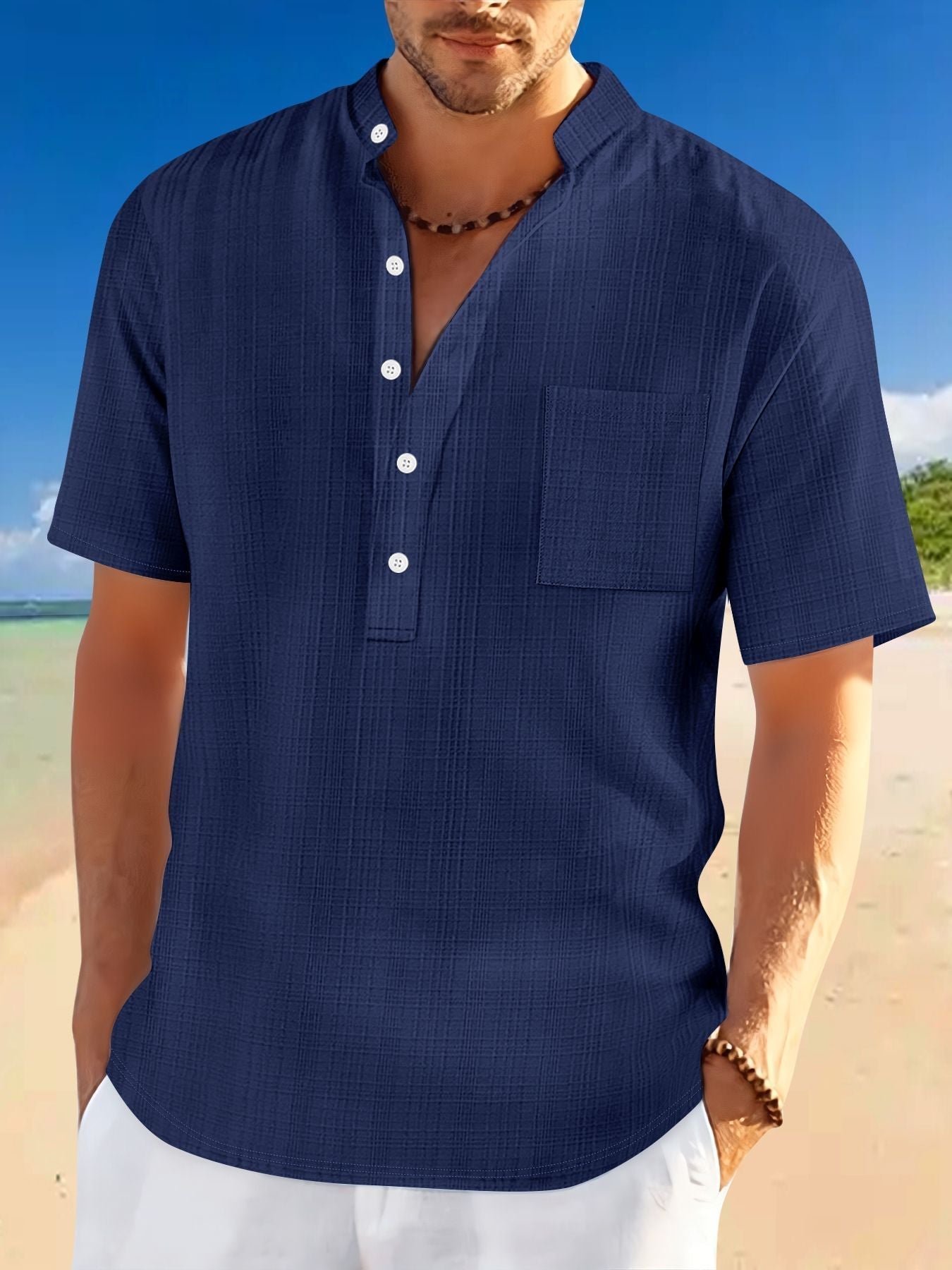 Steven – Kurzärmeliges Freizeit-Henley-Shirt mit Stehkragen