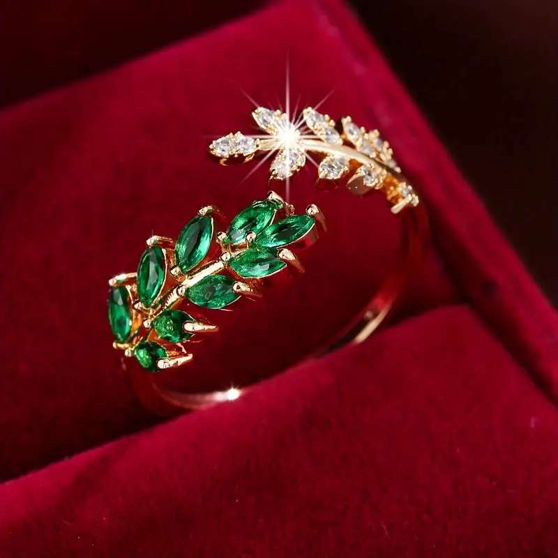Offener Ring mit grünen Blättern aus Zirkonia